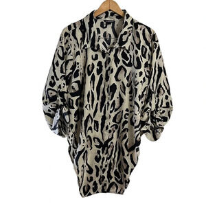 Thread Story Animal Print Button Up Tunic 3X Roll Tab Sleeves Collared Tan Black